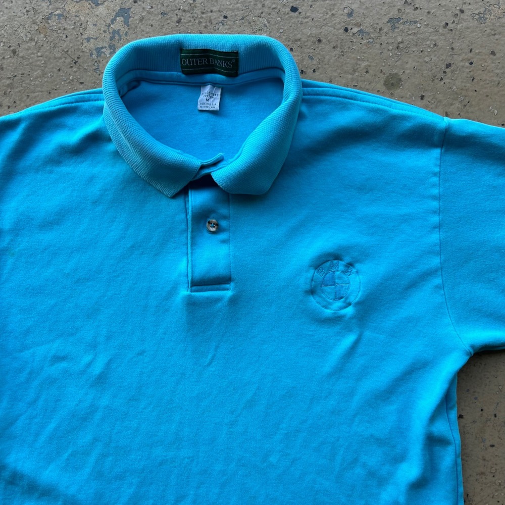 80s Vintage Outer Banks BMW Polo Shirt Mens Medium Blue Embroidered Made‎ in USA
